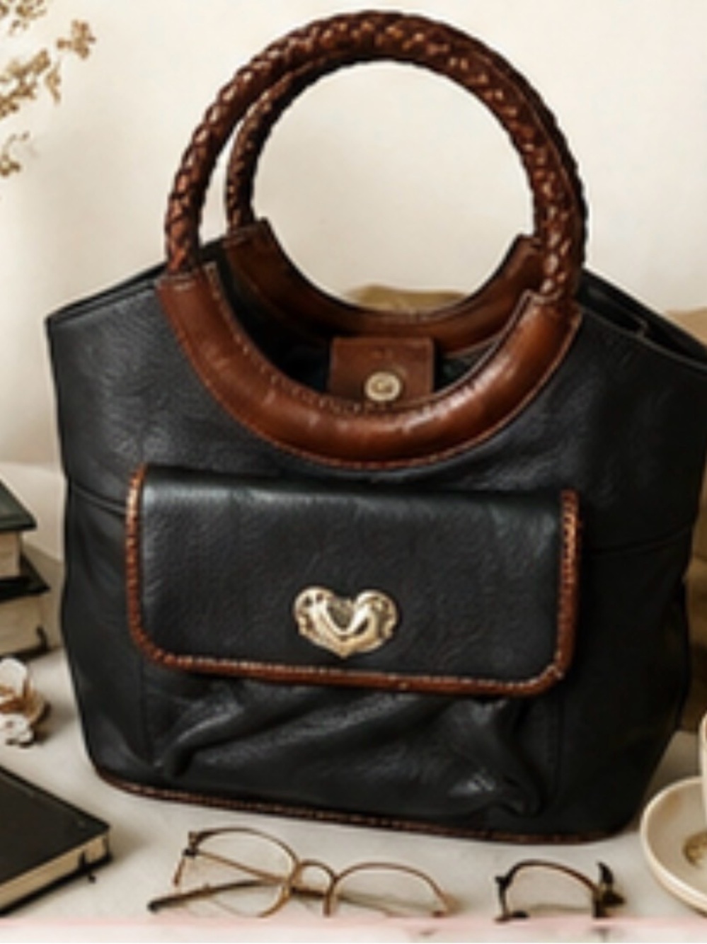 Fossil Black Tote with Brown Braided Handles